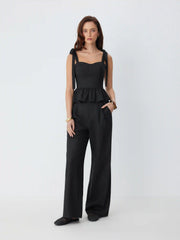 Linen-blend Sweetheart Bowknot Ruffled Tank Top & Mid Rise Wide Leg Trousers Set