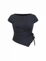 Striped Boat Neck Wrap Top & Mid Rise Wide Leg Trousers Set Curve & Plus