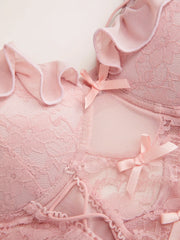 Sweetheart Floral Lace Bowknot Lace Up Lingerie With Thong Set