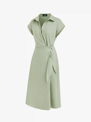 Linen-blend Short Sleeve Twist Knotted Shirt Midi Dress