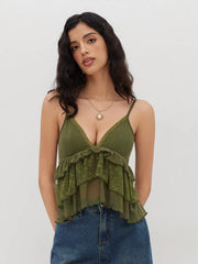 Mesh V-neck Floral Lace Trim Ruffle Cami Top