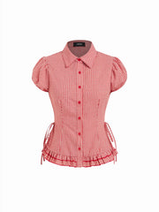 Cotton-blend Gingham Knotted Ruffle Hem Puff Sleeve Blouse