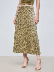 Velvet Mid Rise Floral Maxi Skirt