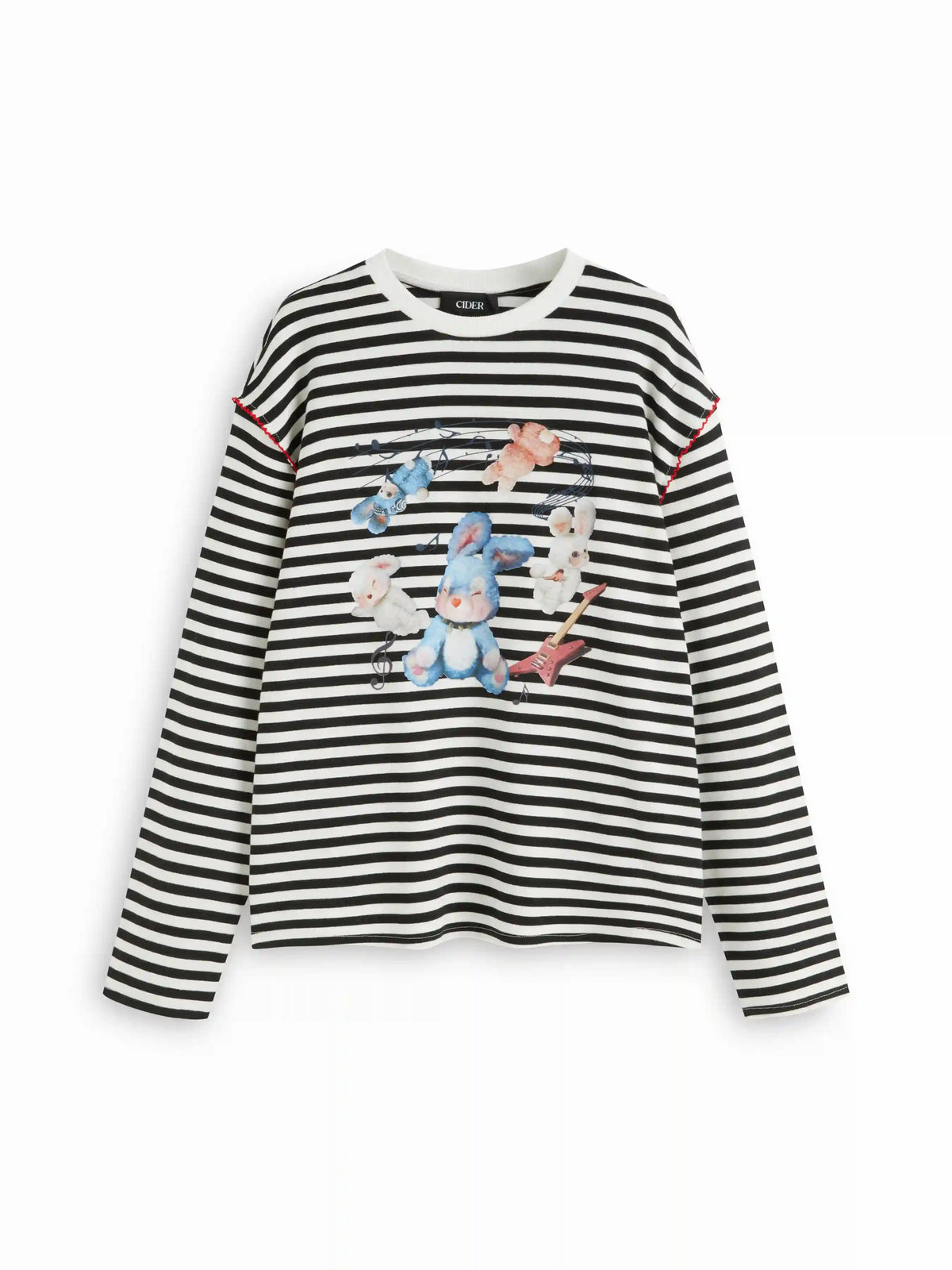 Cotton-blend Bunny Graphic Round Neckline Striped Oversized Tee
