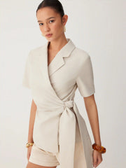 Linen-blend Ruched Wrap Belted Blazer
