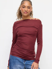 Wool-blend Two Piece Off-shoulder Long Sleeve Ruched Top With Cami Top