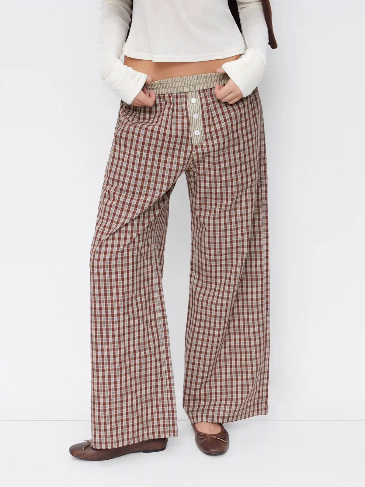 Cotton-blend Mid Rise Check Straight Leg Lounge Trousers