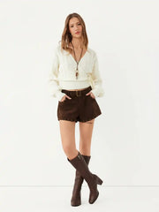 Cable Knit V-Neck Knotted Hollow Out Top