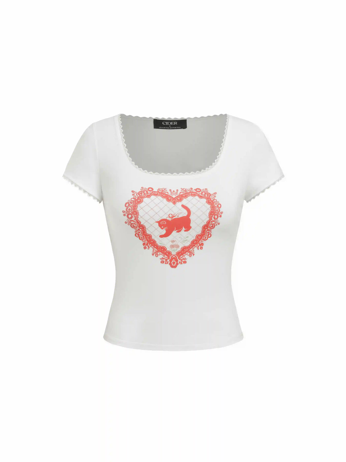 Cotton-blend Square Neck Animal Graphic Lace Trim Short Sleeve Tee