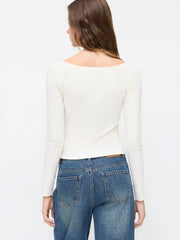 Boat Neck Button Long Sleeve Top