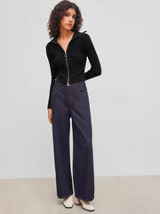 Knitted Collar Solid Zipper Cardigan