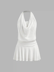 Cotton-blend Cowl Halter Neckline Ruched Mini Dress