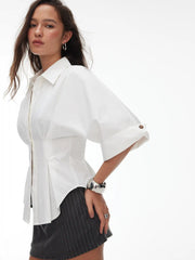 Cotton-blend Ruched Short Sleeve Blouse