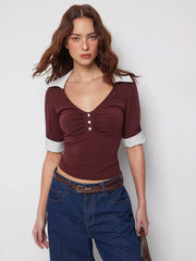 Cotton-blend V-neck Striped Two Tone Button Mid-length Sleeve Blouse