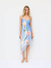 Satin Floral Graphic Lace Trim Asymmetrical Hem A-line Maxi Cami Dress