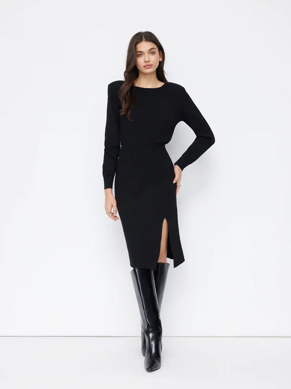 Wool-blend Round Neck Shirred Knitted Midi Dress With Shoulder Pads
