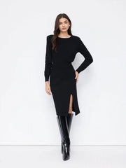 Wool-blend Round Neck Shirred Knitted Midi Dress With Shoulder Pads