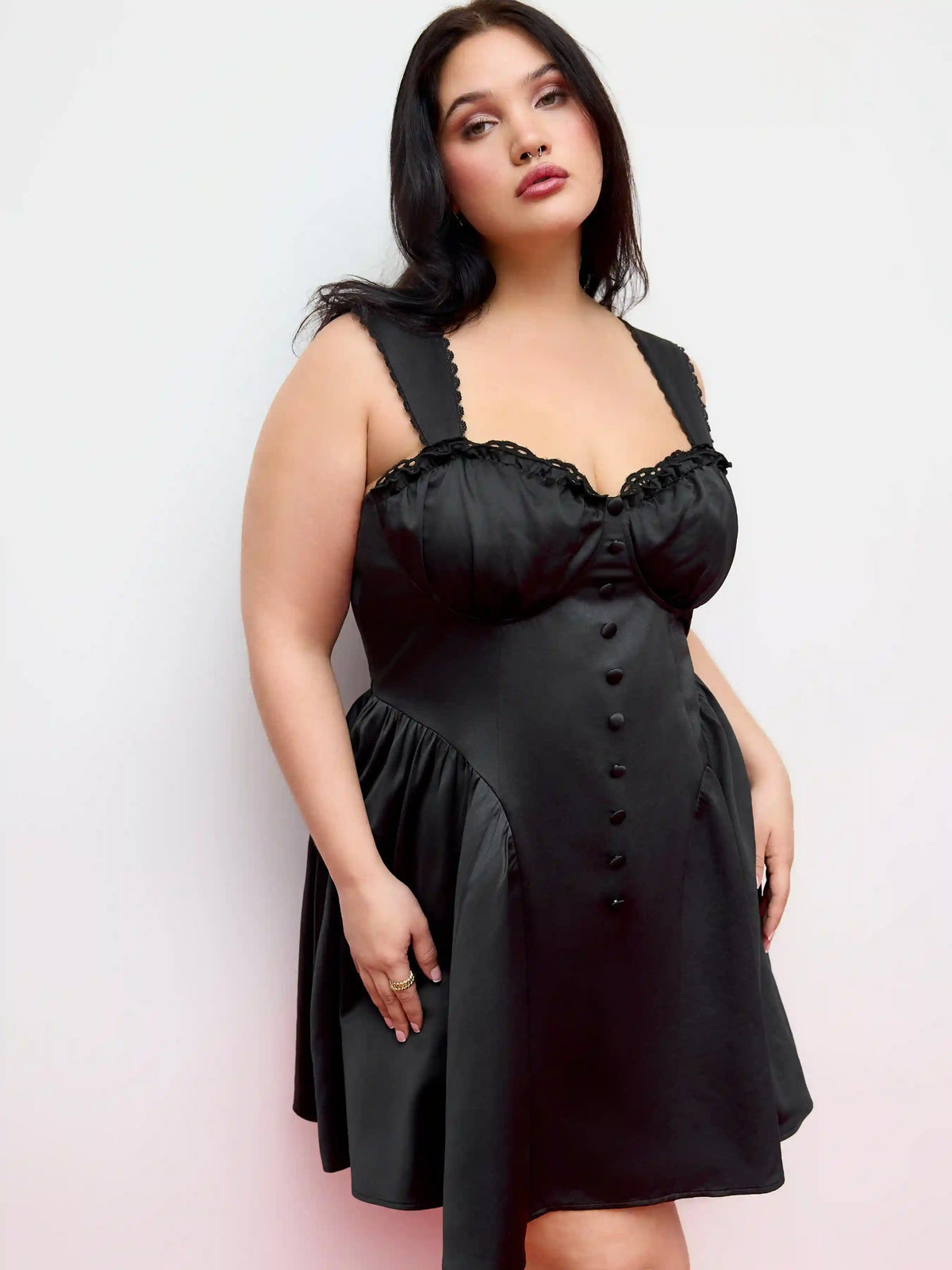 Satin Sweetheart Ruched Lace Up Tank Mini Dress Curve & Plus