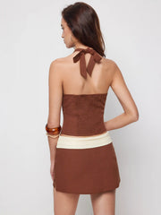 Linen-blend Halter Neck Button Front Top & Mid Rise Colorblock A-line Mini Skirt Set