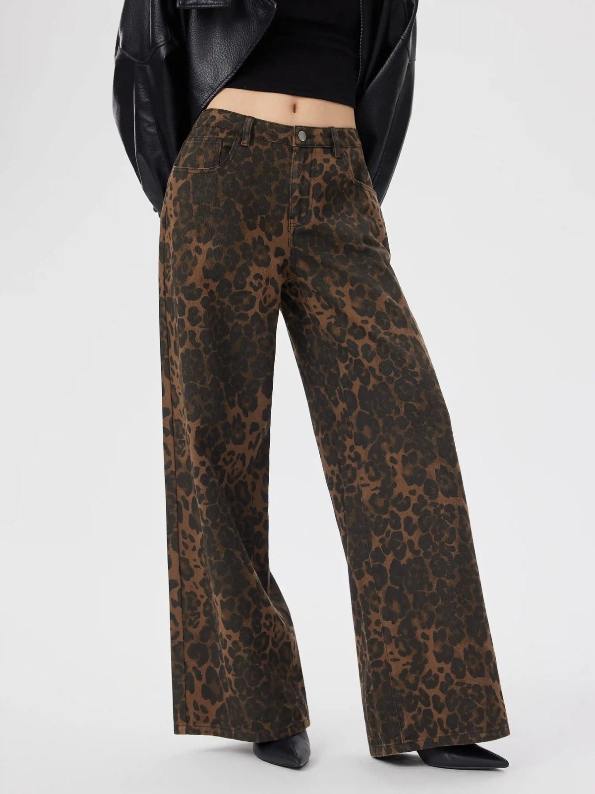 Denim Low Rise Leopard Wide Leg Jeans