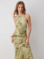 Velvet Halter Neckline Floral Ruched Maxi Dress