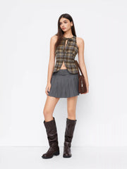 Mid Rise Pleated A-line Mini Skirt With Belt