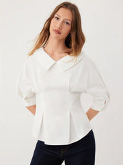 Cotton-blend Peter Pan Collar Puff Sleeve Reversible Blouse