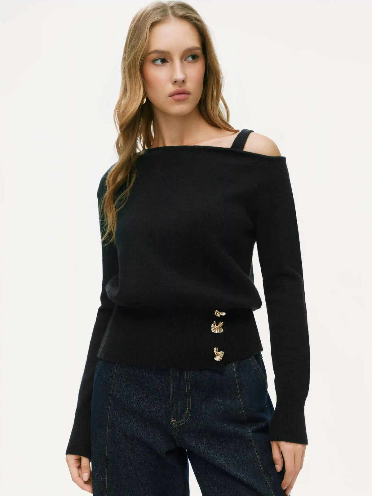 Knit Asymmetrical Neck Long Sleeve Metal Button Top