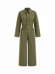 Cotton-blend Collar Straight Leg Cropped Cargo Jumpsuit With Belt