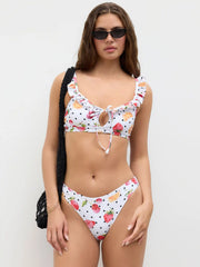 U-neckline Fruit Polka Dot Bowknot Lettuce Trim Bracelet Cheeky Bikini Set