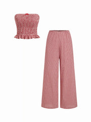 Cotton-blend Gingham Shirred Strapless Top & Low Rise Straight Leg Trousers Set