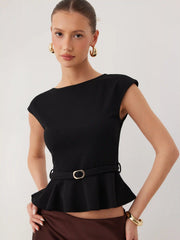 Boat Neck Belted Ruffle Hem Metal Detail Peplum Top
