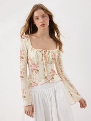 Mesh Square Neck Floral Lettuce Trim Drawstring Ruched Long Sleeve Top
