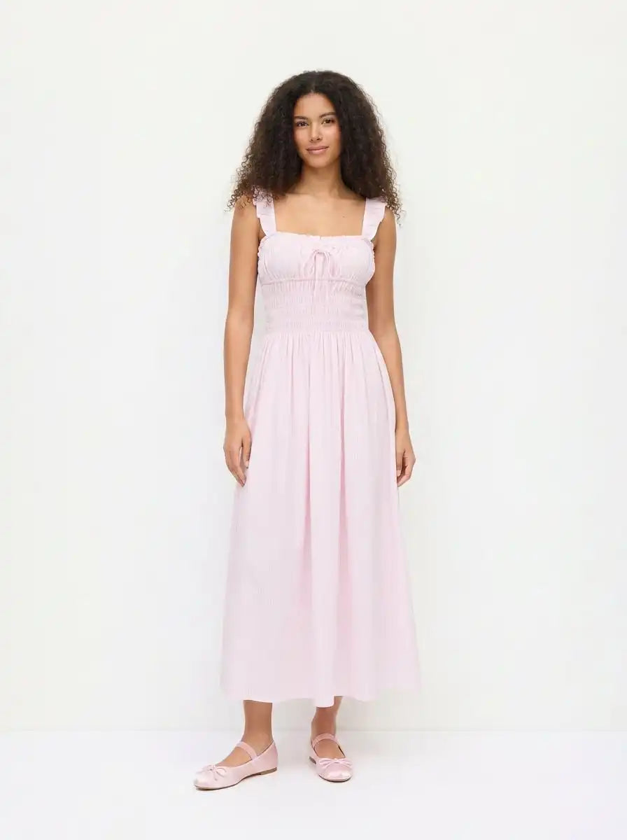 Cotton-blend Ruched Ruffle Sleeve Shirred Milkmaid Maxi Dress