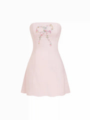 Linen-blend Floral Bowknot Embroidery Lace up Flared Mini Dress