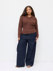 Cable Knit Collar Long Sleeve Cinched Waist Sweater Curve & Plus