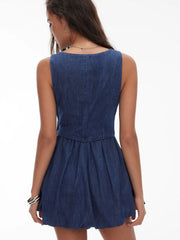 Denim V-Neck Metal Button Ruched Bubble Mini Dress