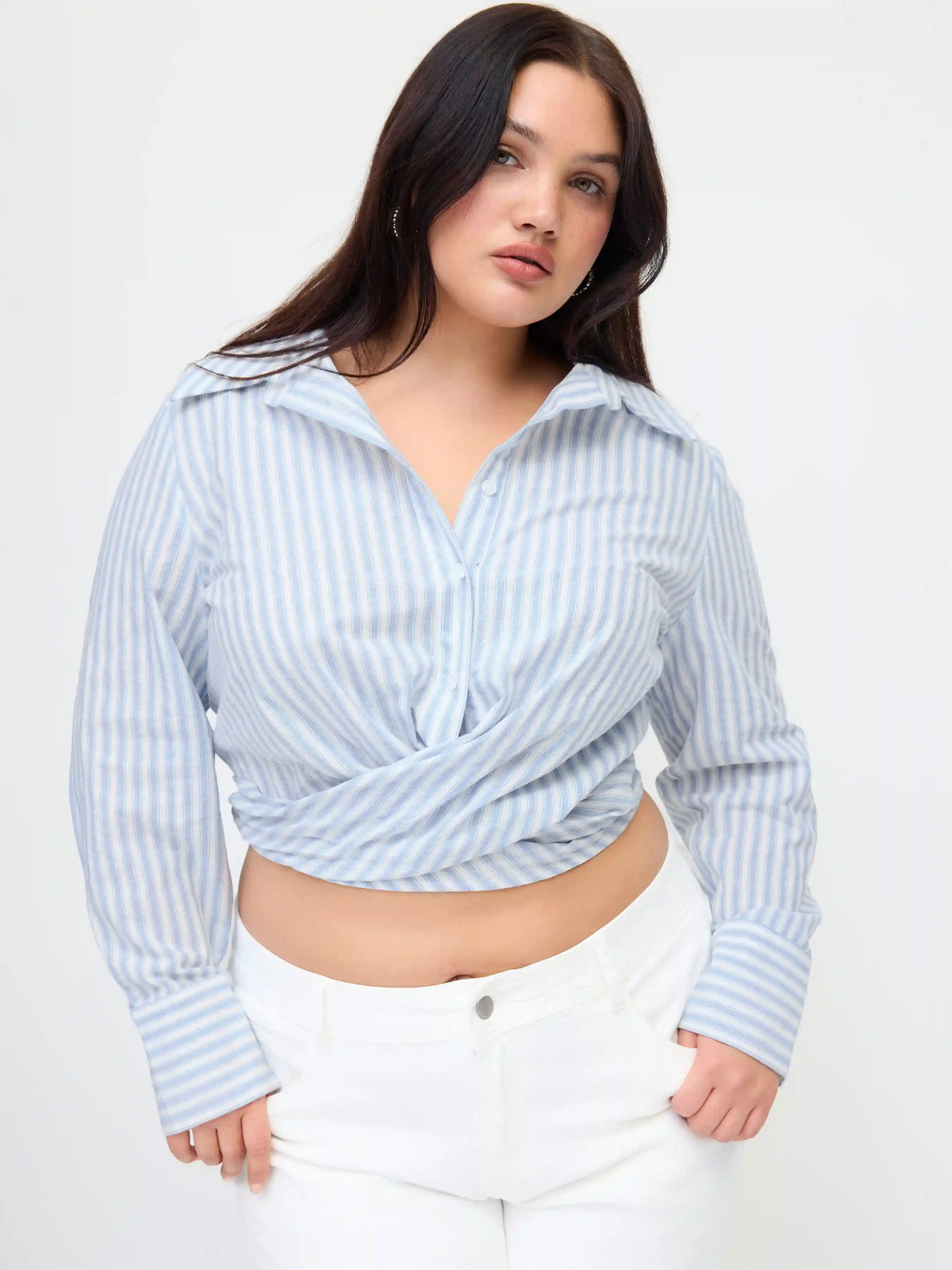 Cotton-blend Polo Stripe Knotted Crop Shirt Curve & Plus