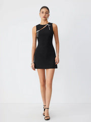 Boat Neck Cut Out Rhinestone Bowknot A-line Mini Dress
