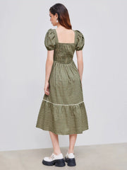 Square Neck Gingham Shirred Ruffle Puff Sleeve Maxi Dress