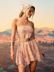 Lace Trim Hanky Hem Belted Bandeau Mini Dress