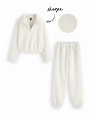 Oversized Fleece Collar Zip Through Top & Mid Rise Elastic Waist Jogger Pants Set