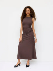 Boat Neck Ruched Flared Maxi Dress
