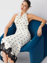 Satin Polka Dot Halter Neckline Backless Lace Trim Mermaid Maxi Dress