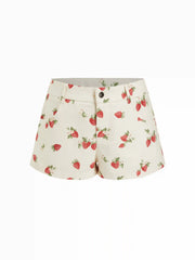 100% Cotton Mid Rise Strawberry Graphic Micro Shorts
