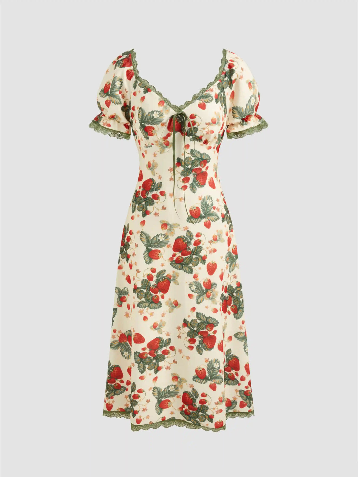 Square Neck Strawberry Graphic Contrasting Lace Trim Midi Dress