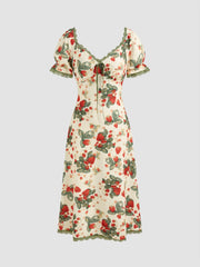 Square Neck Strawberry Graphic Contrasting Lace Trim Midi Dress