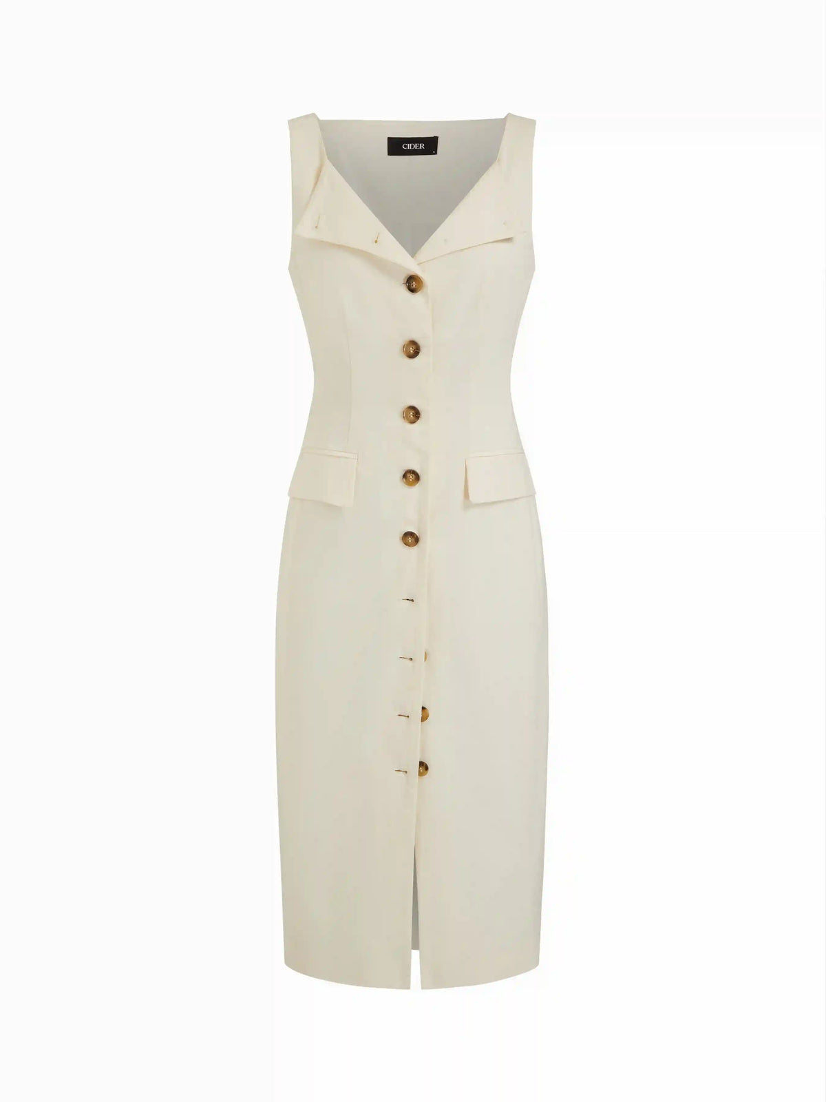Cotton Square Neck Button Through Tie Back Straight Midi Dress