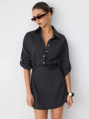 Striped Middle Sleeve Pleated Metal Detail Shirt Mini Dress