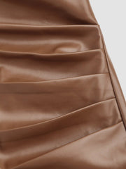 Faux Leather Mid Waist Ruched Midi Skirt